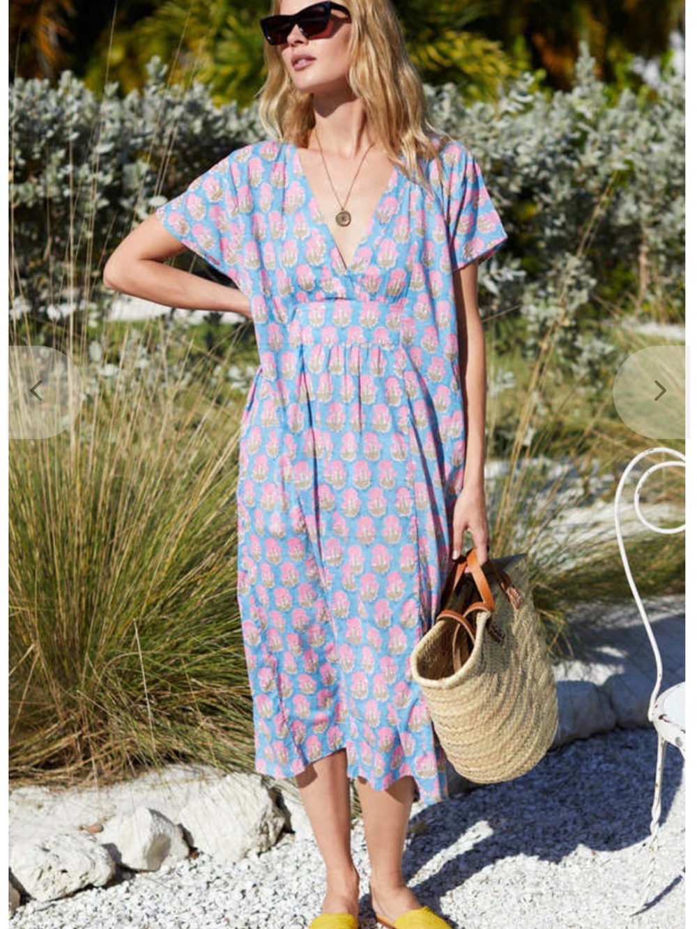 Emerson Fry Blue and Pink Floral V-Neck Midi Dress